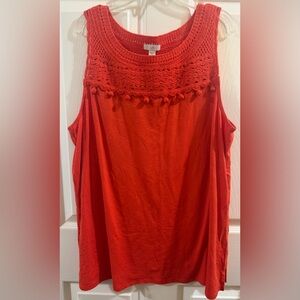 J. Jill Coral-Red Crochet Yoke Tank with Pom Trim